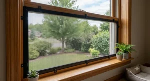 A custom fit cat window screen mounted securely on a standard double hung window.