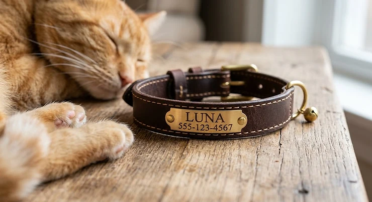 Custom leather personalized cat collar with an engraved brass nameplate showing a pet name and phone number.