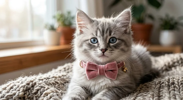Cute cat collar in pink velvet featuring an adorable matching bowtie on a kitten