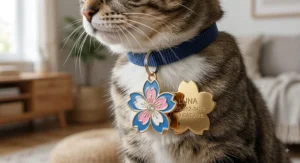 Decorative enamel flower cat ID tag with personalized engraving on the back