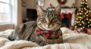 Cute holiday cat collar in classic red and green plaid fabric with a detachable bow