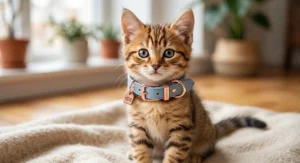 Cute leather cat collar in pastel blue with elegant rose gold buckle accents