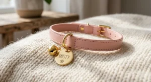 Soft pink leather cat collar featuring a gold bell and personalized ID tag