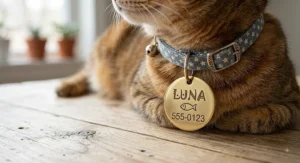 Cute personalized cat collar with an engraved metallic ID tag showing a pet name and contact info