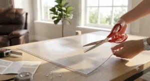 Person cutting a sheet of clear cat scratch tape with scissors for custom furniture coverage