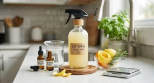 DIY cat deterrent spray recipe made with essential oils, water, and a glass spray bottle