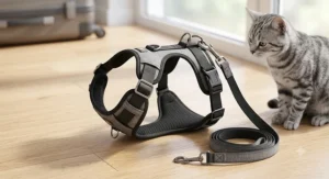 Illustration of an adjustable escape-proof cat harness and leash set for walking cats safely on trips.