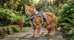 Illustration of an orange tabby cat wearing an escape-proof mesh vest harness with reflective safety trim.