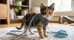 Extra small escape-proof harness for kittens fitted on an eight-week-old kitten.
