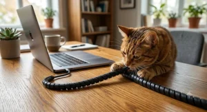 Flexible black spiral cord protector for cats wrapped tightly around a thin laptop charger cable on a wooden desk