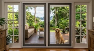 Double french doors fitted with matching pet proof screen doors overlooking a deck area
