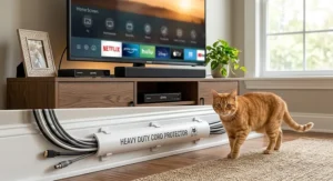 Heavy duty white cord protector for cats bundling multiple television cable wires together along a baseboard