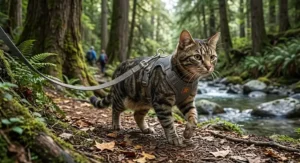 Adventure cat wearing a durable padded cat harness on a hiking trail in the woods
