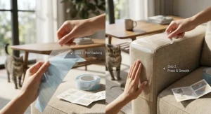 Step-by-step demonstration showing how to peel and stick anti-scratch tape on a sofa armrest