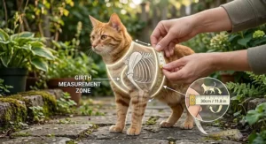 Sizing diagram illustration showing where to measure a cat's chest girth with a flexible tape measure for a vest harness.