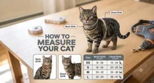 Sizing diagram showing how to measure a cat chest and neck for a padded cat harness
