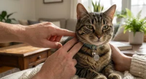 Step-by-step sizing guide showing two fingers fitting between a cat's neck and its collar with bell