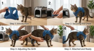 Step-by-step guide illustrating how to safely put the best cat harness on your pet.