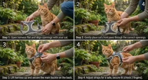 Step-by-step instructional illustration guiding pet owners on putting a step-in vest harness on a cat.