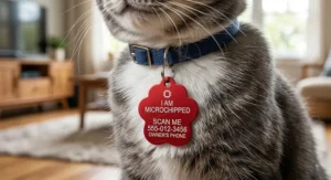 Bright red cat ID tag displaying I am microchipped message and owner phone number