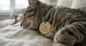 Lightweight indoor cat ID tag with emergency contact information