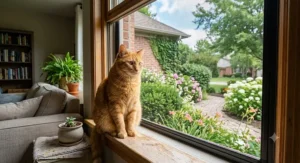 An indoor orange cat sitting safely on a window sill behind a reinforced cat window screen.