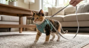 Calico kitten being leash trained with a soft harness for kittens inside a living room.