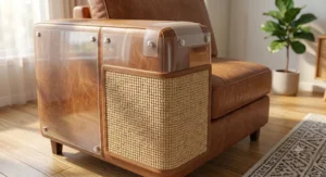 Illustration of a smooth protective sheet designed as a leather sofa cat scratch furniture protector.