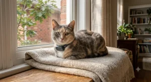 A domestic shorthair cat relaxing indoors wearing a small GPS cat collar attachment.