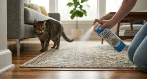 Non-toxic cat deterrent spray targeted at living room rug to stop territorial urine marking