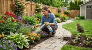 Homeowner using cat deterrent spray on flower beds in a backyard garden