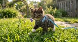 Fluffy kitten exploring a grassy backyard while wearing a comfortable harness for kittens.