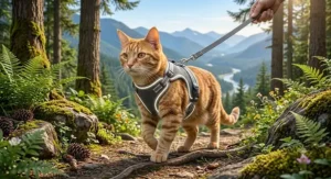 Illustration of an adventure cat exploring a scenic hiking trail while secured in an escape-proof vest harness.