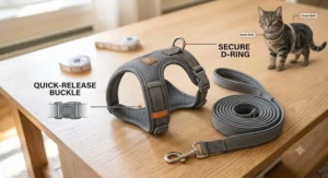 Soft padded cat harness and matching leash set featuring quick-release safety buckles