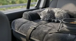Illustration of a soft fleece cat travel mat and bed designed to cushion carriers during car rides.