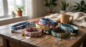 Assortment of colorful patterned cat collars with bells displayed on a wood table