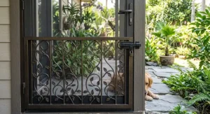 Decorative metal screen guard latch installed on the lower half of a pet proof screen door