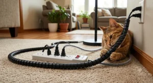 Pet-proofing home electrical cables using a durable plastic cord protector for cats on a surge protector