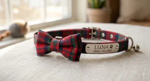 Cute plaid bow tie personalized cat collar with an engraved slide-on nameplate for special occasions.