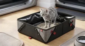 Illustration of a foldable portable cat litter box with waterproof lining designed for road trips.