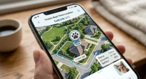 A smartphone screen displaying real-time location mapping for a GPS cat collar tracker app.