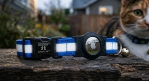 Reflective cat collar featuring an integrated GPS tracker holder for pet location monitoring.