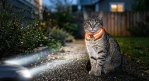 Tabby cat wearing a bright reflective cat collar illuminated by car headlights in a driveway at dusk.
