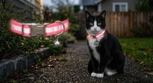 Pink reflective cat collar with small metal bell designed for indoor and outdoor feline safety.
