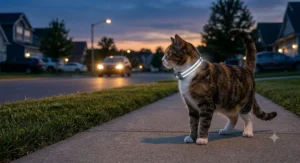 A cat wearing a reflective GPS cat collar at dusk for enhanced visibility near a residential road.