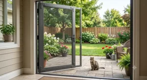 Sturdy aluminum frame pet proof screen door shown open leading out to a suburban backyard
