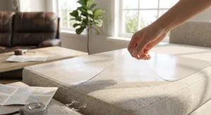 Hand peeling off safe cat scratch tape from upholstery without leaving sticky residue behind