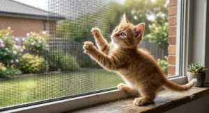 A playful kitten scratching at a scratch proof cat window screen without tearing the mesh.