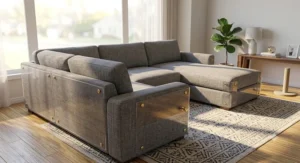 Illustration of a living room sectional sofa fitted with a full set of clear cat scratch furniture protectors.