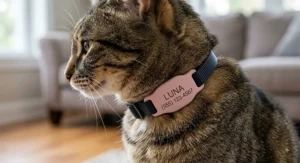 Silent pink silicone cat ID tag slided onto a collar for noise-free wear